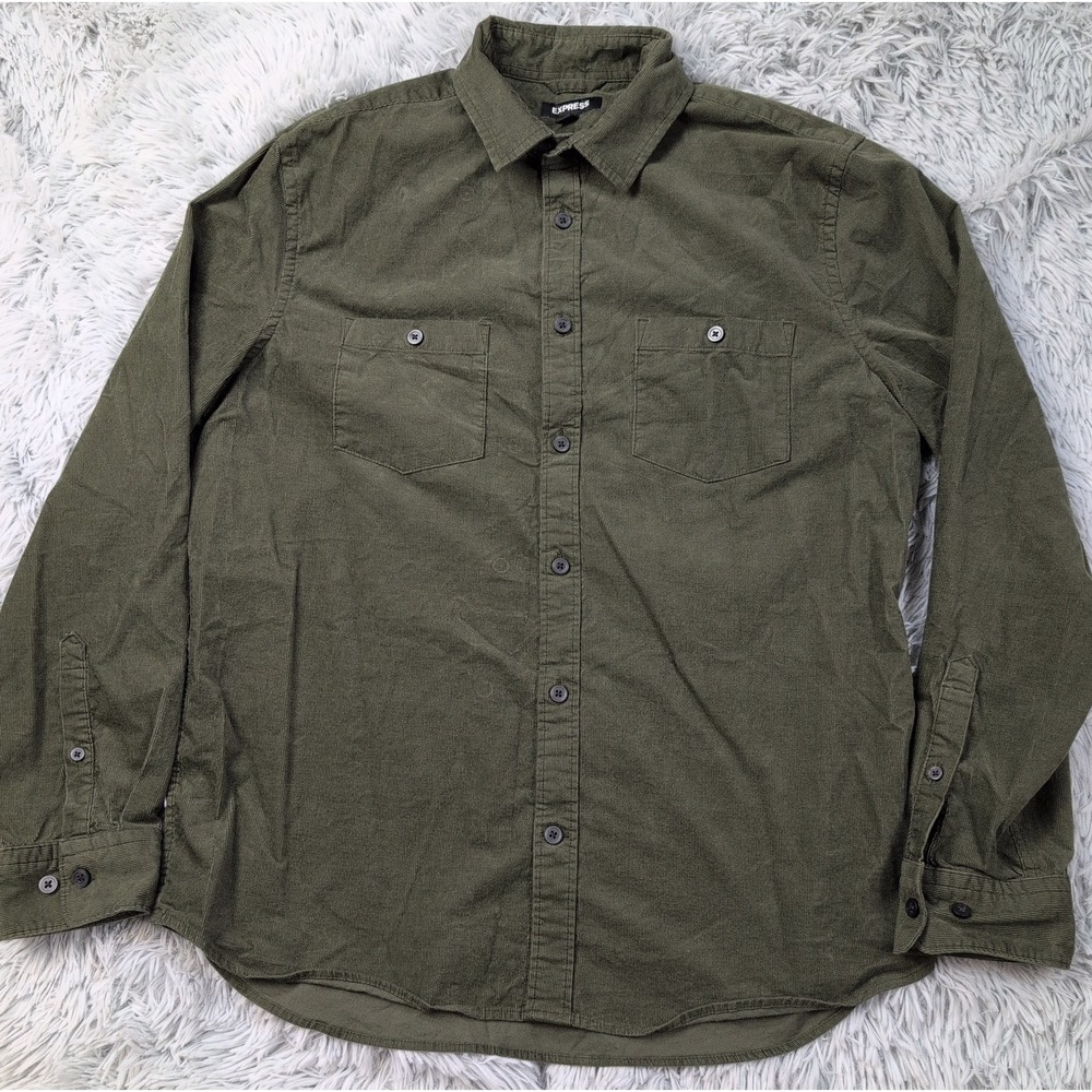 Express Shirt Mens M Green Button Up Corduroy Preppy Pockets Stretch Comfort